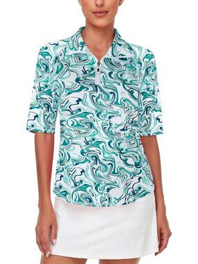 Womens Green Wave Golf Shirt Quick Dry Half Sleeve 1/4 Zip Tennis Top M-3XL